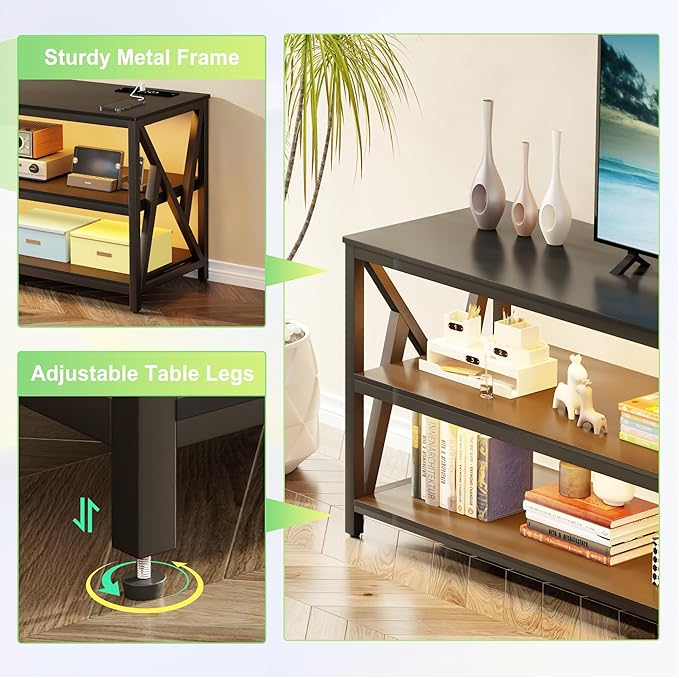 Lvifur LED TV Stand for 65 70 75 inch TV, Auto Sensor Entertainment Center with RGB Dimmable Lights, TV Console Table with Open Storage Shelves and Metal Frame (Black) - LeafyLoom