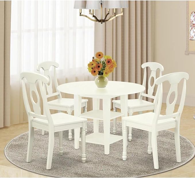 East West Furniture SUKE5-LWH-W Sudbury 5 Piece Room Furniture Set Includes a Round Kitchen Table with Dropleaf & Shelves and 4 Dining Chairs, 42x42 Inch - LeafyLoom