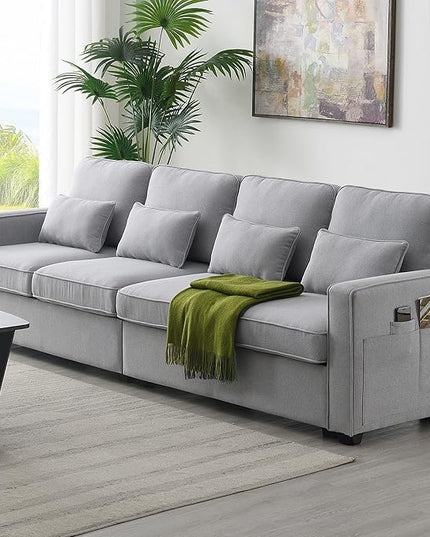 104" Modern Sofa, 4-seat Couch with Armrest Pockets and 4 Pillows for Living Room, Apartment, 104inch, Light Gray - LeafyLoom