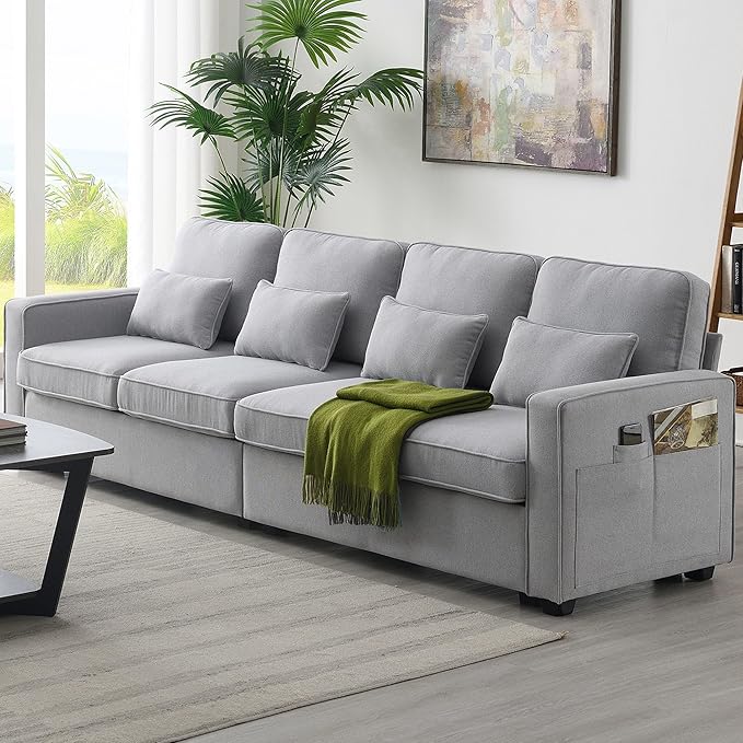 104" Modern Sofa, 4-seat Couch with Armrest Pockets and 4 Pillows for Living Room, Apartment, 104inch, Light Gray - LeafyLoom