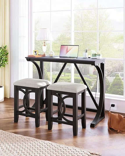 NicBex Kitchen Table for 2 Dining Table 3-Piece Counter Height Dining Table Set with USB Port and Upholstered Stools for Home, Kitchen, Dining Room, Wooden Frame, Espresso - LeafyLoom