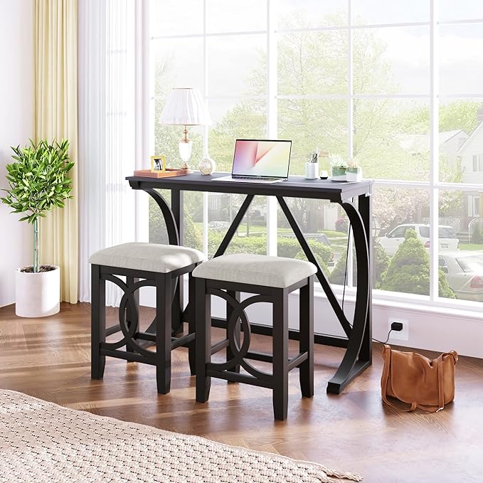 NicBex Kitchen Table for 2 Dining Table 3-Piece Counter Height Dining Table Set with USB Port and Upholstered Stools for Home, Kitchen, Dining Room, Wooden Frame, Espresso - LeafyLoom