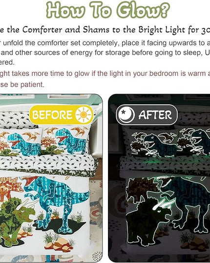 KALEIDOSPACE Gilrs Boys Bedding Sets Twin, 5 Piece Glow in The Dark Dinosaur Bed in A Bag-1 Comforter,1 Pillow Sham, 1 Pillowcase, 1 Flat Sheet, 1 Fitted Sheet - LeafyLoom