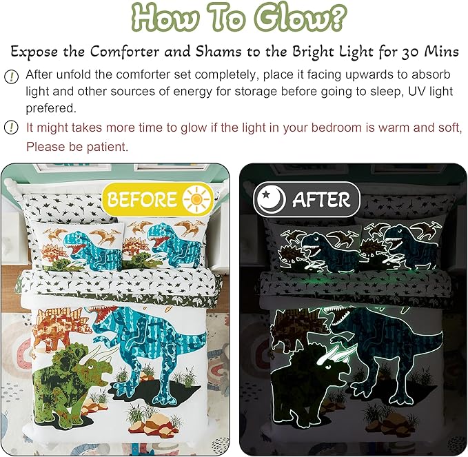 KALEIDOSPACE Gilrs Boys Full Size Bedding Set, 7 Piece Glow in The Dark Dinosaur Bed in A Bag-1 Comforter,2 Pillow Shams, 2 Pillowcases, 1 Flat Sheet, 1 Fitted Sheet - LeafyLoom