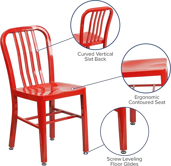 Flash Furniture Gael Indoor/Outdoor Modern Metal Dining Chairs, Commercial-Grade Galvanized Steel Restaurant Chairs, Set of 2, Red - LeafyLoom