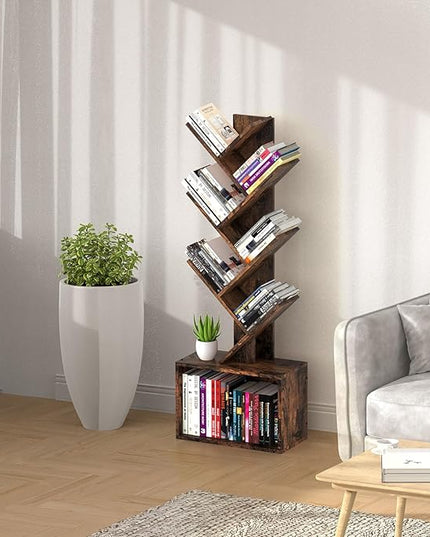 6 Tier Tree Bookshelf, Sturdy Retro Floor Standing Wood Bookcase, Storage Rack for Home Office, Living Room, Bedroom, Reading Spot, Heavy Book Organizer Shelves for CDs/DVDs/Movies - LeafyLoom
