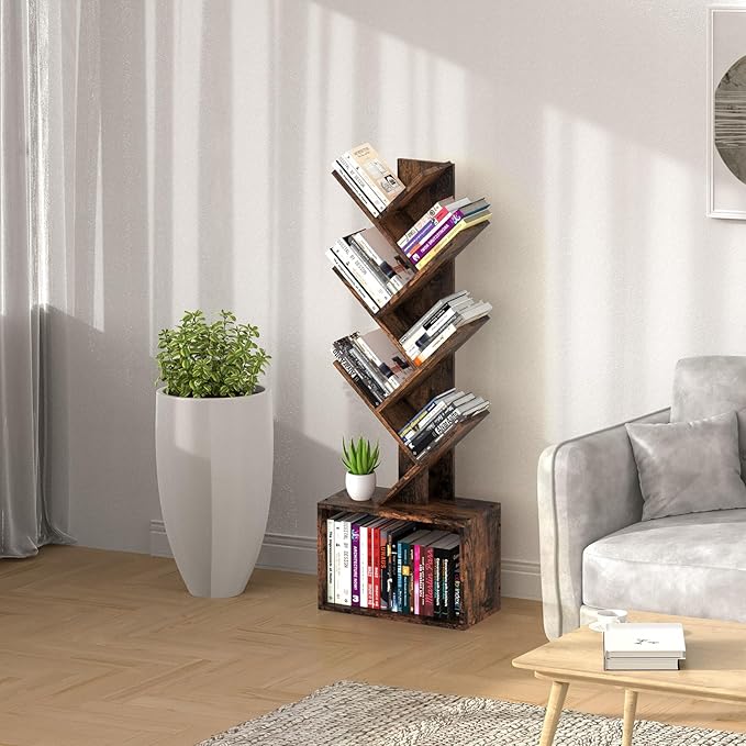 6 Tier Tree Bookshelf, Sturdy Retro Floor Standing Wood Bookcase, Storage Rack for Home Office, Living Room, Bedroom, Reading Spot, Heavy Book Organizer Shelves for CDs/DVDs/Movies - LeafyLoom