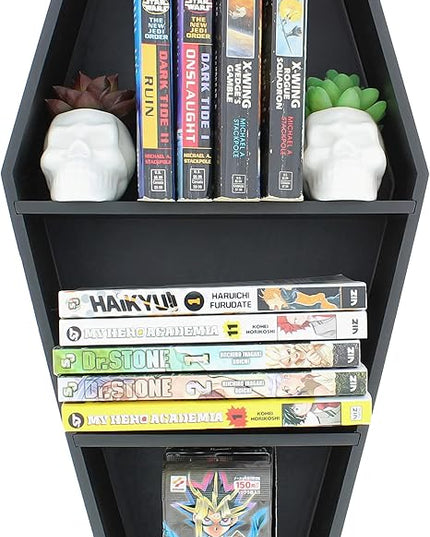 MANNY'S MYSTERIOUS ODDITIES Coffin Bookshelf - Extra Large Coffin Shelf 21 Inches by 11 Inches - Includes Removable Shelves - Gothic Decor for Home - LeafyLoom