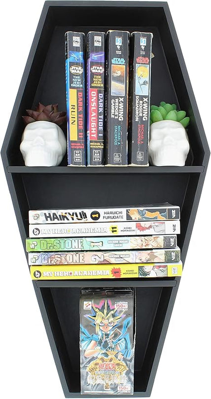 MANNY'S MYSTERIOUS ODDITIES Coffin Bookshelf - Extra Large Coffin Shelf 21 Inches by 11 Inches - Includes Removable Shelves - Gothic Decor for Home - LeafyLoom