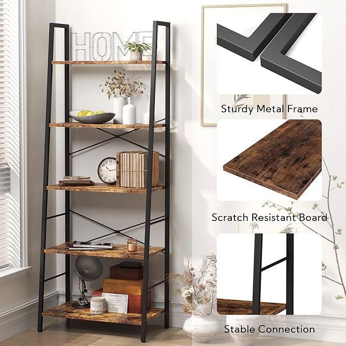 Yusong Bookshelf, Ladder Shelf 5-Tier Bookcase for Bedroom, Industrial Book Shelves Storage Rack with Metal Frame for Home Office, Rustic Brown - LeafyLoom