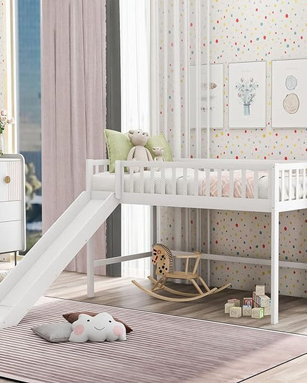 Merax Twin Size Junior Wood Loft Bed with Slide Loft Bunk Bed for Girls Boys,No Box Spring Needed,White - LeafyLoom