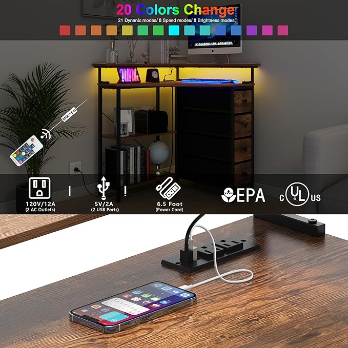 Corner Desk with Drawers Shelves for Small Space 90 Degrees Triangle Computer Desk with Power Outlets,Gaming Desk with LED Lights Monitor Stand for Home Office Workstation Writing Table (Brown) - LeafyLoom