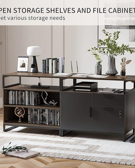 FEZIBO 66 Inch Executive L Shaped Standing Desk with 2-Drawer File Cabinet, Electric Height Adjustable Stand up Desk, Home Office Modern Wood Computer Desk with Shelves, Black Frame/Dark Walnut Top - LeafyLoom