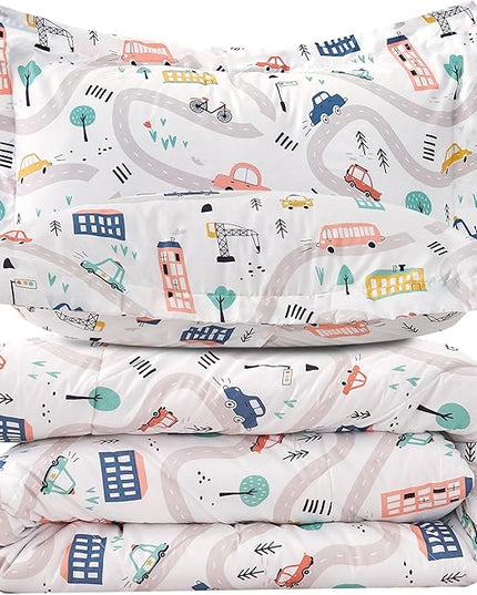 JSD Car Kids Printed Comforter Set for Boys Girls, 3 Pieces Queen Microfiber Comforter with Pillow Sham, Soft Comfortable Machine Washable - LeafyLoom