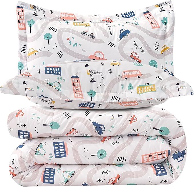 JSD Car Kids Printed Comforter Set for Boys Girls, 3 Pieces Queen Microfiber Comforter with Pillow Sham, Soft Comfortable Machine Washable - LeafyLoom