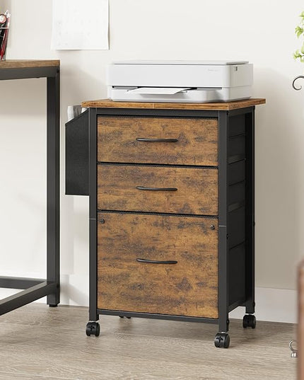 3 Drawer File Cabinet with 18'' Extended Board, Fabric Drawer, Mobile Filing Cabinet Fits A4/Letter Size Files, Rolling Printer Stand with Storage Bag, File Cabinet Home Office, Rustic Brown - LeafyLoom