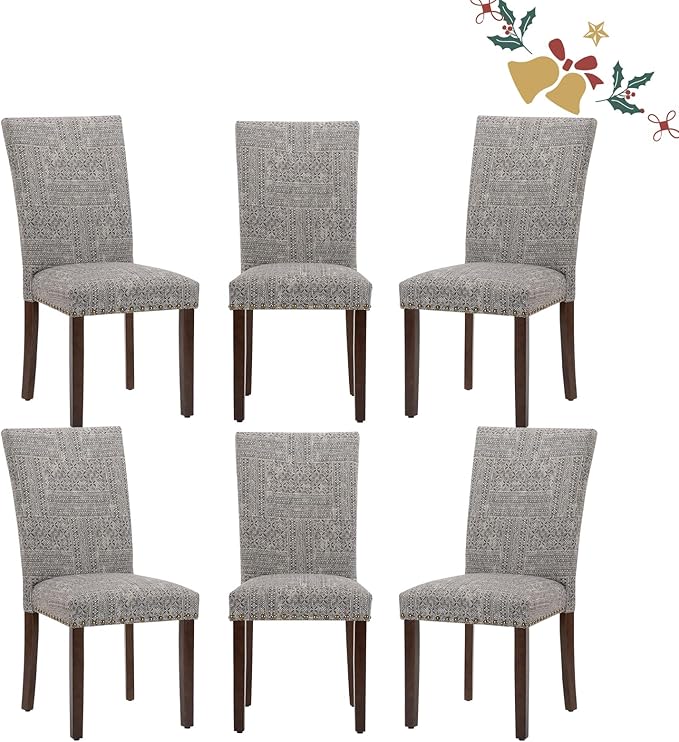 Parsons Dining Chairs Set of 6, Upholstered Nailhead Dining Room Kitchen Side Chair with Thick Cushions and Wood Legs, Black/White - LeafyLoom