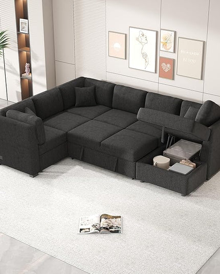 U Shaped Reversible Pull Out Sleeper Sectional Sofa Convertible Corner Couch Bed with Storage Chaise Lounge , 6 Seater Chenille Upholstered Sofa&Couch wth USB Ports, 2 Power Sockets for Living Room - LeafyLoom