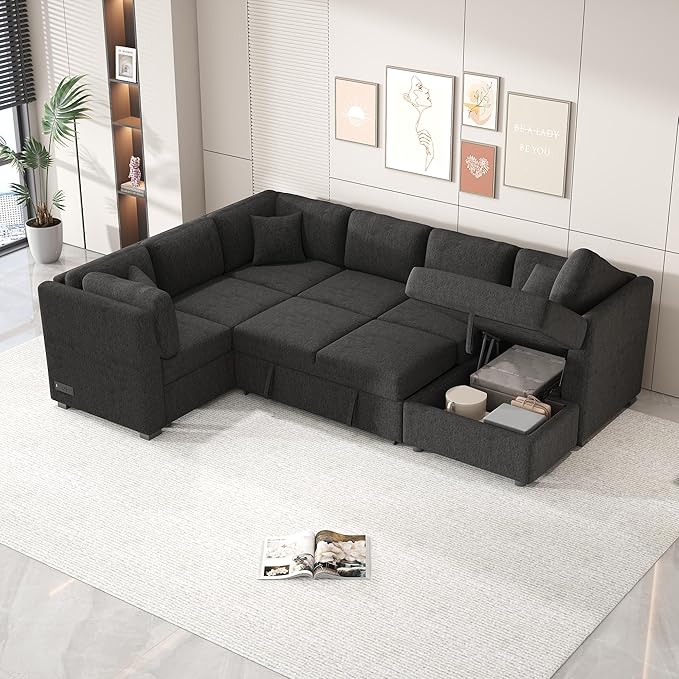 U Shaped Reversible Pull Out Sleeper Sectional Sofa Convertible Corner Couch Bed with Storage Chaise Lounge , 6 Seater Chenille Upholstered Sofa&Couch wth USB Ports, 2 Power Sockets for Living Room - LeafyLoom