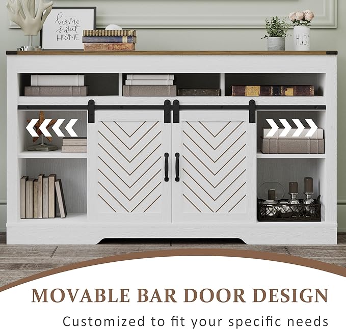 Farmhouse TV Stand with Sliding Barn Door for TVs up to 65+ Inch, 34" Tall Entertainment Center, Wood Media Console Storage Cabinet for Bedroom, Living Room, Rustic and Oak White - LeafyLoom