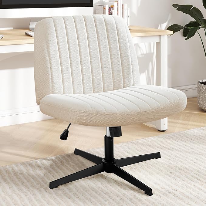 Criss Cross Chair, Cross Legged Office Chair, Wide Comfty Desk Chair, No Wheels Armless Computer Task Chair, Swivel Fabric Vanity Home Chair, Height Adjustable - LeafyLoom
