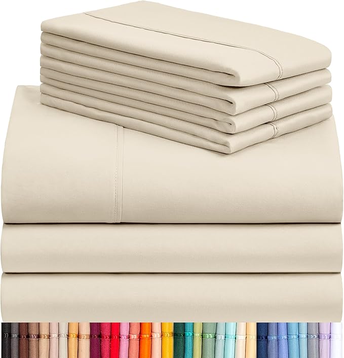 LuxClub 7 PC Split King Sheet Set, Breathable Luxury Bed Sheets, Deep Pockets 18" Eco Friendly Wrinkle Free Cooling Sheets Machine Washable Hotel Bedding Silky Soft - Cream Split King - LeafyLoom