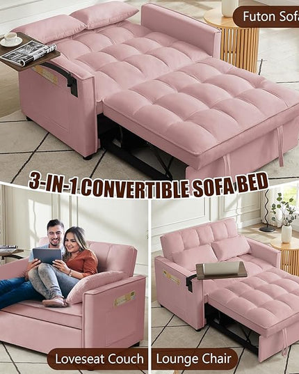 3 in 1 Loveseat Sofa Bed, Pull Out Couch Sleeper with Storage, Full Size Velvet Convertible Chair with 2 Pockets & 2 Pillows for Living Room, Pink - LeafyLoom