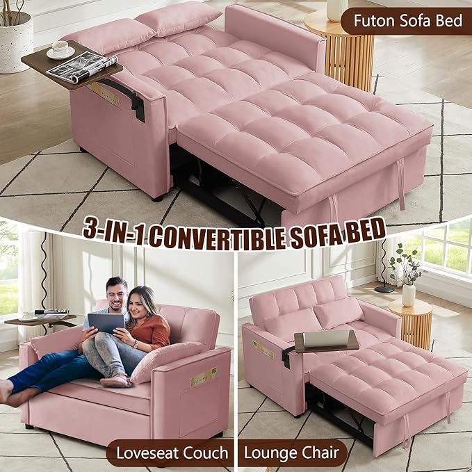 3 in 1 Loveseat Sofa Bed, Pull Out Couch Sleeper with Storage, Full Size Velvet Convertible Chair with 2 Pockets & 2 Pillows for Living Room, Pink - LeafyLoom