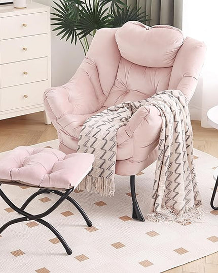 Lazy Chair with Ottoman, Modern Chair with Folding Footrest, Lounge Accent Chair, Comfortable Reading Chair, Oversized Armchairs for Bedroom, Study, Living Room, Courtyard (Pink) - LeafyLoom