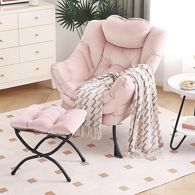 Lazy Chair with Ottoman, Modern Chair with Folding Footrest, Lounge Accent Chair, Comfortable Reading Chair, Oversized Armchairs for Bedroom, Study, Living Room, Courtyard (Pink) - LeafyLoom