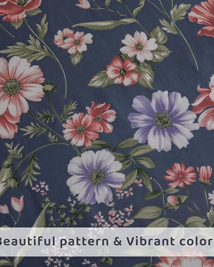 QSH Floral Queen Size Sheet Sets - 100% Egyptian Cotton Sheets Elegant Navy Flower Pattern Printed Bedding Sheets Queen Size Bed Extra Soft and Breathable 4pcs Deep Pockets Bed Sheets - LeafyLoom
