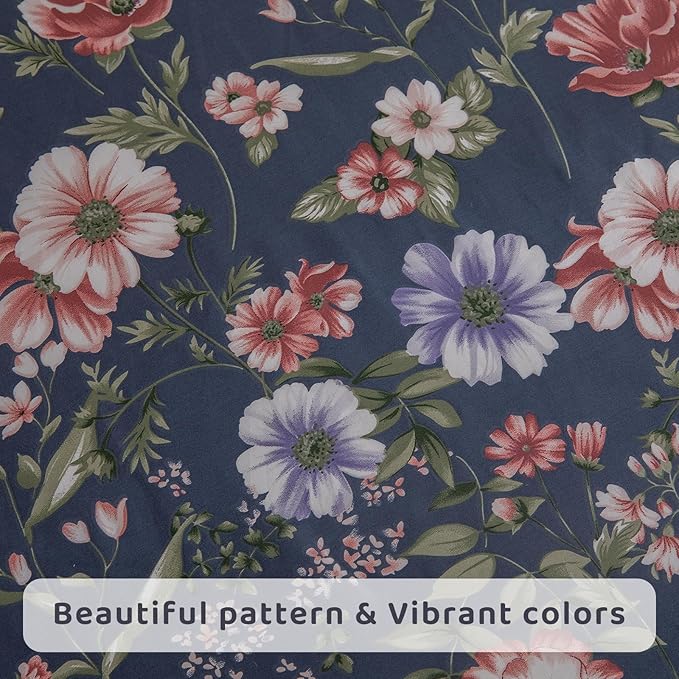QSH Floral Queen Size Sheet Sets - 100% Egyptian Cotton Sheets Elegant Navy Flower Pattern Printed Bedding Sheets Queen Size Bed Extra Soft and Breathable 4pcs Deep Pockets Bed Sheets - LeafyLoom