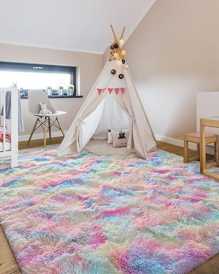 6x9 Large Area Rugs for Living Room, Super Soft Fluffy Modern Bedroom Rug, Tie-Dyed Rainbow Indoor Shag Fuzzy Carpets for Girls Kids Nursery Room Home Decor - LeafyLoom