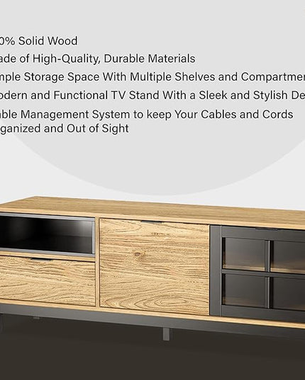 Home Wood Modern TV Stand for 55 60-inch TV with Doors - Entertainment Center with Storage Cabinets - TV Console, Media Console for Living Room -Light Wood and Black Console for Living Room or Bedroom - LeafyLoom