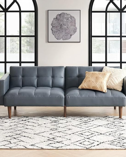 mopio Aaron Couch, Small Sofa, Futon, Sofa Bed, Sleeper Sofa, Loveseat, Mid Century Modern Futon Couch, Sofa Cama, Couches for Living Room, Bedroom (Cloud Gray, Faux Leather) - LeafyLoom