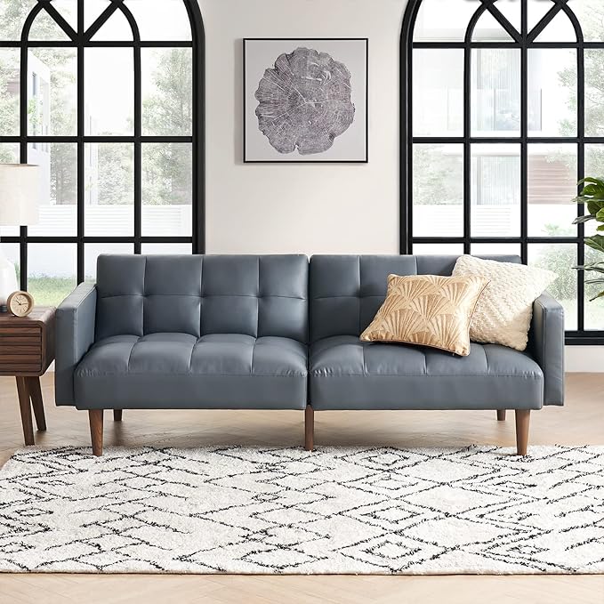 mopio Aaron Couch, Small Sofa, Futon, Sofa Bed, Sleeper Sofa, Loveseat, Mid Century Modern Futon Couch, Sofa Cama, Couches for Living Room, Bedroom (Cloud Gray, Faux Leather) - LeafyLoom