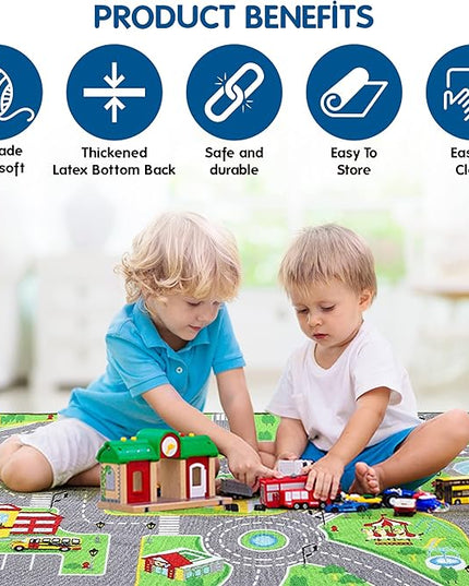 Booooom Jackson Kids Car Rug Play Mat for Toy Cars 31X59 Inch,Colorful Fun Car Play Rug,Road Rug for Bedroom Playroom,Car Area Rug Non-Slip Backing,Kids Car Carpet Toy Car Rug for Boys Toddler - LeafyLoom