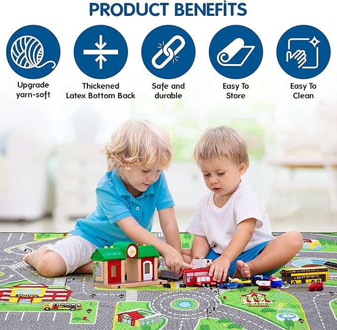 Booooom Jackson Kids Car Rug Play Mat for Toy Cars 31X59 Inch,Colorful Fun Car Play Rug,Road Rug for Bedroom Playroom,Car Area Rug Non-Slip Backing,Kids Car Carpet Toy Car Rug for Boys Toddler - LeafyLoom