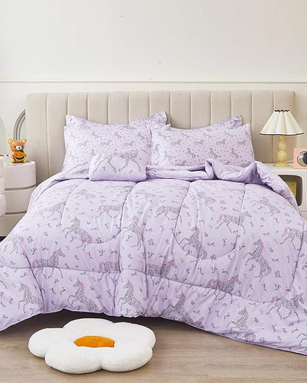 Mooreeke Full Size Comforter Sets for Girls Kids, 8 Pieces Bed in a Bag Purple Floral Unicorn Bedding Comforter Sheet Set with Shams and Decorative Toy Pillow, Ultral Soft Microfiber Kids Bed Set - LeafyLoom