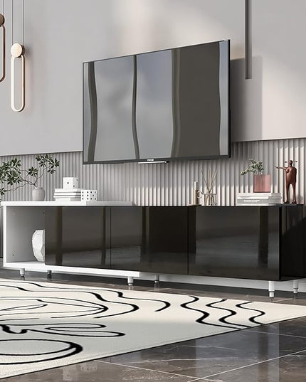85 Inch TV Stand, Modern,Stylish Television Stands with Storage Shelf, 3 Drawers and Adjustable Feet, High Gloss Entertainment Center for Living Room, Black - LeafyLoom