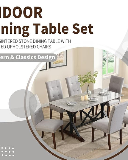 NicBex Dining Room Table Set for 6 Kitchen Table and Chairs Sintered Stone Dining Table with 6 Tufted Upholstered Chairs, 63-inch Rectangle Dining Table for Dining Room, Gray - LeafyLoom