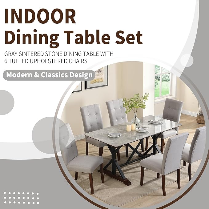 NicBex Dining Room Table Set for 6 Kitchen Table and Chairs Sintered Stone Dining Table with 6 Tufted Upholstered Chairs, 63-inch Rectangle Dining Table for Dining Room, Gray - LeafyLoom