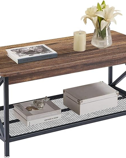 VECELO Coffee Center Table with Storage Shelf for Living Room Office Reception, Rectangle, Brown - LeafyLoom