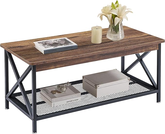 VECELO Coffee Center Table with Storage Shelf for Living Room Office Reception, Rectangle, Brown - LeafyLoom
