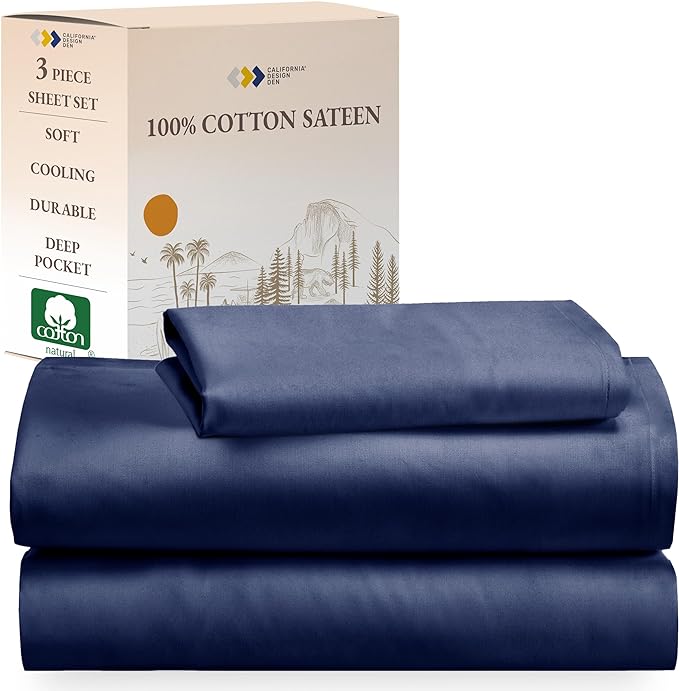 California Design Den Soft 100% Cotton Twin Sheets, 3 Piece Twin Sheet Set with Sateen Weave, Cooling Sheets - Navy Blue - LeafyLoom