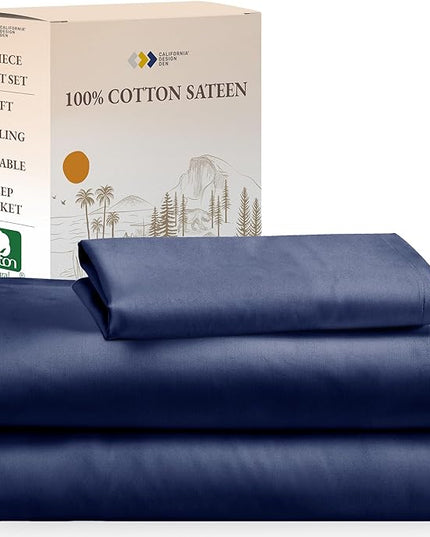 California Design Den Soft 100% Cotton Twin XL Sheet Set, 3 Piece Twin XL Sheet Set with Sateen Weave, Cooling Sheets - Navy Blue - LeafyLoom