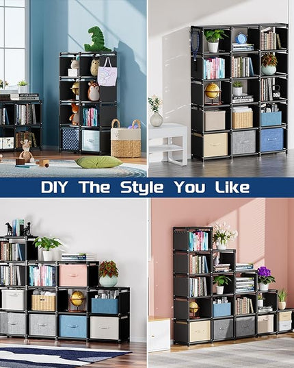 Mavivegue Bookshelf,15 Cube Storage Organizer,Book Shelf Organizer,Tall Bookcase Shelf,Book Cases/Shelves,Black Cube Shelf,Cubbies Closet Storage Organizer Shelves for Bedroom,Living Room,Home,Office - LeafyLoom