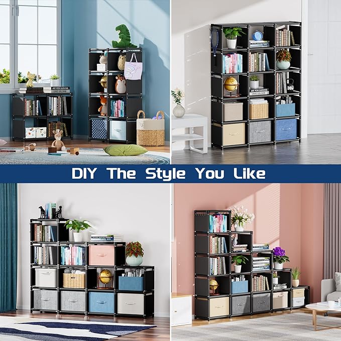 Mavivegue Bookshelf,15 Cube Storage Organizer,Book Shelf Organizer,Tall Bookcase Shelf,Book Cases/Shelves,Black Cube Shelf,Cubbies Closet Storage Organizer Shelves for Bedroom,Living Room,Home,Office - LeafyLoom