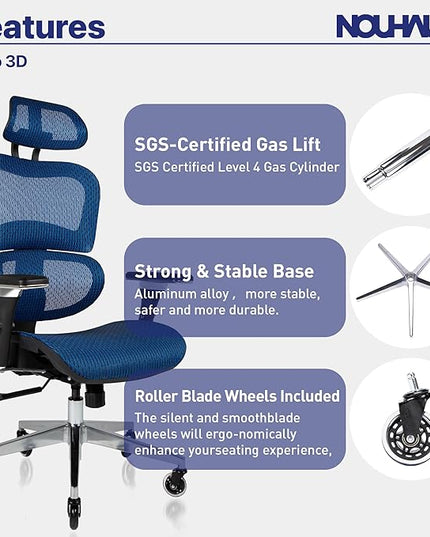Nouhaus Ergo3D Ergonomic Office Chair Lumbar Support Mesh Office Chair with 4D Adjustable Armrest, Adjustable Headrest and Wheels, Mesh High Back Home Office Desk Chairs(Blue) - LeafyLoom