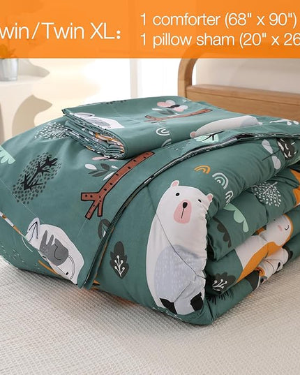 JSD Green Animal Forest Kids Comforter Set, 2 Pieces Twin Microfiber Comforter with Pillow Sham, Soft Comfortable Machine Washable - LeafyLoom